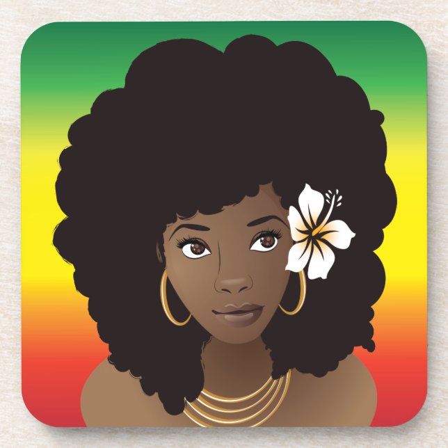 Black Woman, Flower in Hair, Red Yellow Green Coaster (Front)