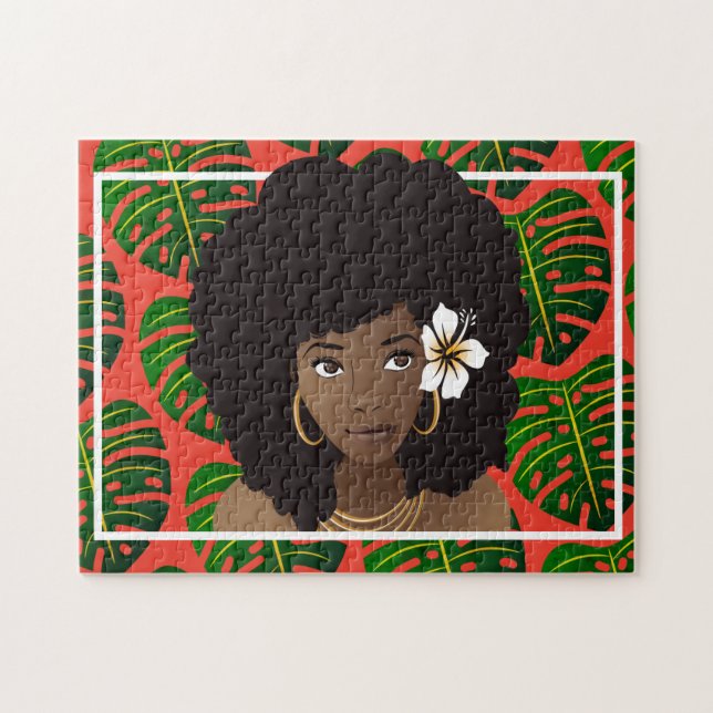 Black Woman, Flower in Hair, Tropical Leaves, Red Jigsaw Puzzle (Horizontal)