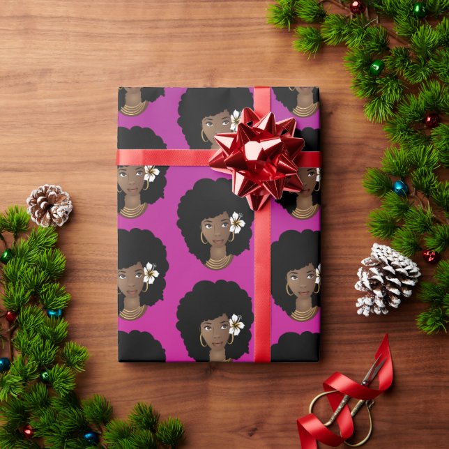 Black Woman, Flower in Natural Hair, Pink Magenta Wrapping Paper (Holiday Gift)