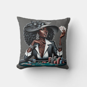 Black woman Gambling Casino Cards Poker Chips Art Cushion