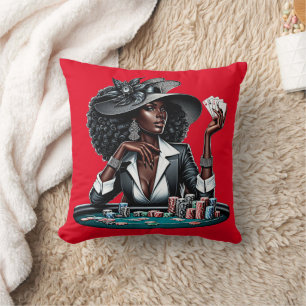 Black woman Gambling Casino Cards Poker Chips Art Cushion