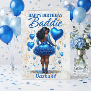 Black Woman Glam Birthday Baddie Blue Floral Card