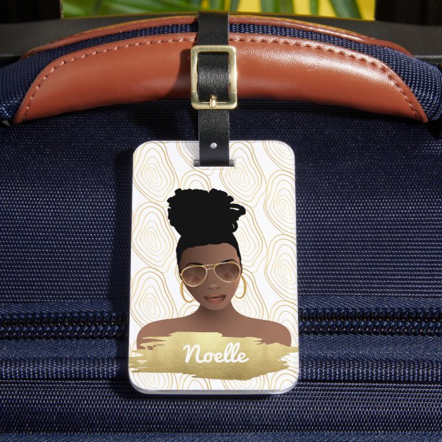 Black Woman, Gold Abstract Shape, White Luggage Tag (Front Insitu 2)