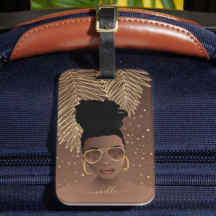 Black Woman, Gold Shades & Palm Leaves, Brown Luggage Tag
