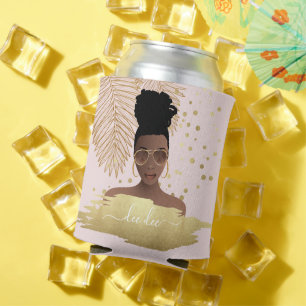 Black Woman, Gold Shades & Palm Leaves, Pink Can Cooler