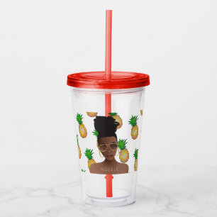Black Woman, Gold Shades, Pineapple Pattern Acrylic Tumbler