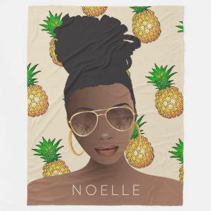 Black Woman, Gold Shades, Pineapple Pattern, Beige Fleece Blanket