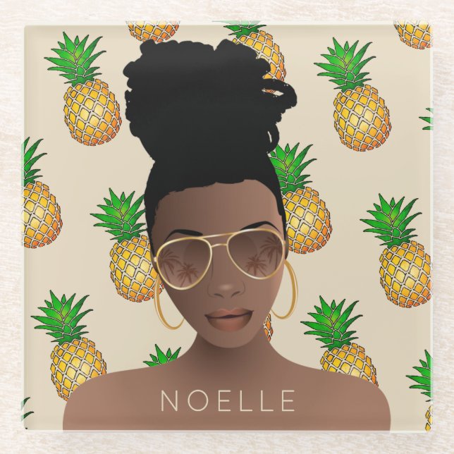 Black Woman, Gold Shades, Pineapple Pattern, Beige Glass Coaster (Front)