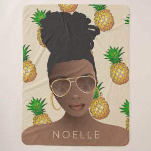 Black Woman, Gold Shades, Pineapple Pattern, Beige Sherpa Blanket