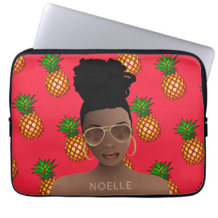 Black Woman, Gold Shades, Pineapple Pattern, Red Laptop Sleeve