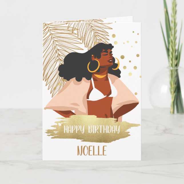 Black Woman, Gold Tropical Leaf, Birthday Card (Front)