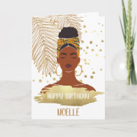 Black Woman, Gold Tropical Leaf, Birthday