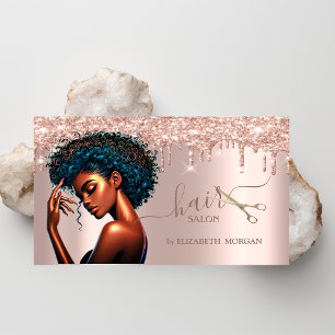 Black Woman Hairdresser Rose Gold Glitter Drips  Business Card