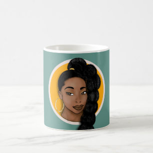 Black Woman, High Puff Ponytail, Turquoise Coffee Mug