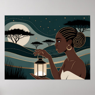 Black Woman Holding a Lantern at Night Poster