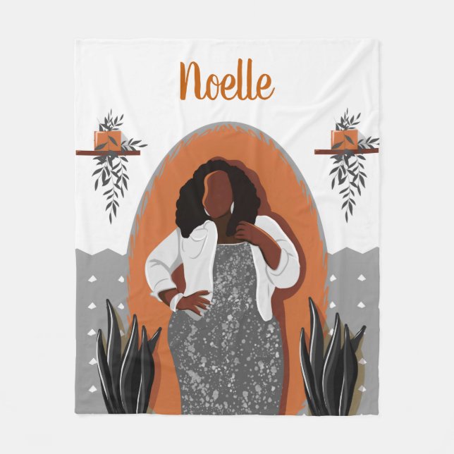 Black Woman, Houseplants, Orange & Grey Fleece Blanket (Front)