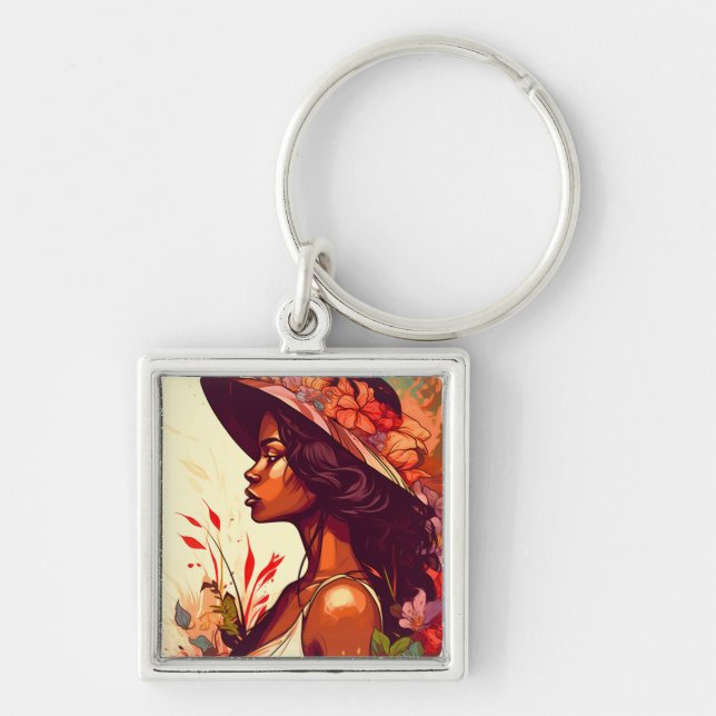 Black Woman in Floral Garden All Occasions Design Key Ring (Front)