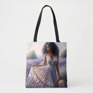 Black Woman In Lavender Flower Field Tote Bag