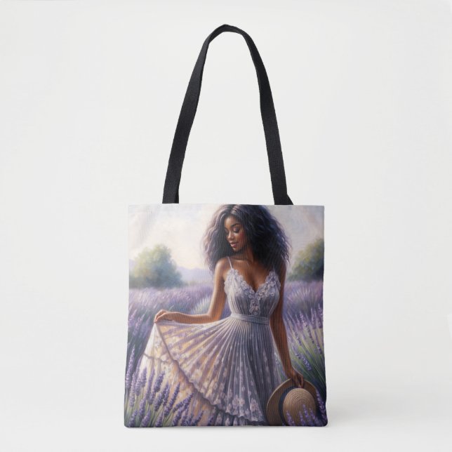 Black Woman In Lavender Flower Field Tote Bag (Front)