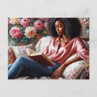 Black Woman In Pink Reading Floral Art Postcard