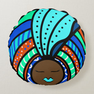 Black Woman Mandala, Turq Round Cushion