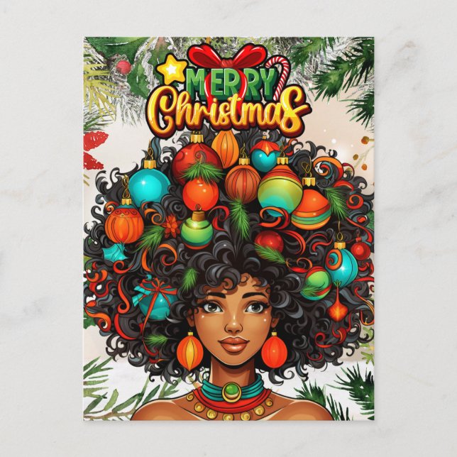 Black Woman Melanin Christmas Afro Natural Queen Holiday Postcard (Front)