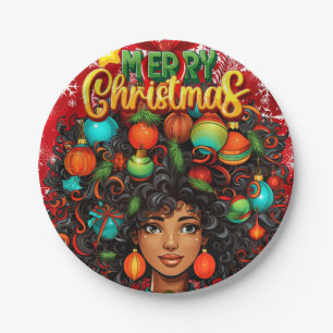 Black Woman Melanin Christmas Afro Natural Queen Paper Plate