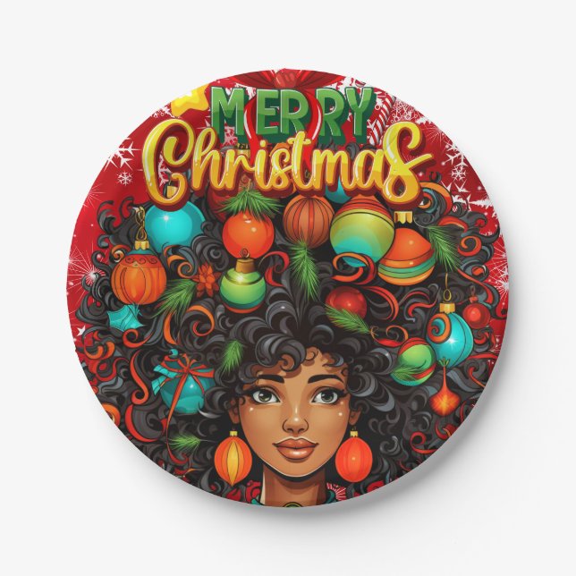 Black Woman Melanin Christmas Afro Natural Queen Paper Plate (Front)