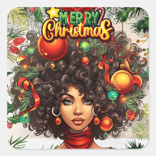 Black Woman Melanin Christmas Afro Natural Queen Square Sticker (Front)