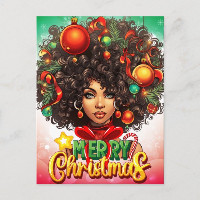 Black Woman Melanin Christmas Tree Xmas Ornaments Holiday Postcard (Front)