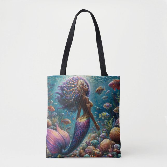 Black Woman Mermaid With Purple Tail Underwater Tote Bag (Front)