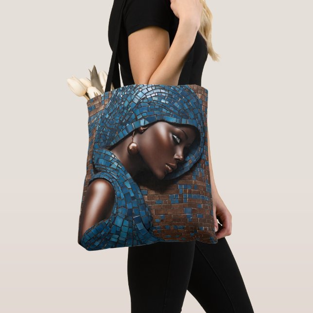 Black Woman Mosiac Blue Copper Tote (Close Up)