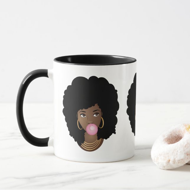 Black Woman, Natural Hair Beauties, Flower & Gum Mug (With Donut)