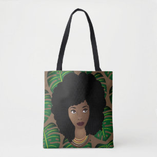 Black Woman, Natural Hair, Green Leaves, Brown Tote Bag
