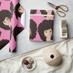 Black Woman, Natural Hair, Pink Bubblegum, Pink Wrapping Paper