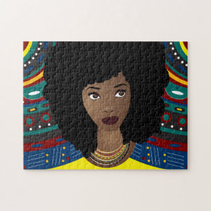 Black Woman, Natural Hair, Tribal Background Jigsaw Puzzle