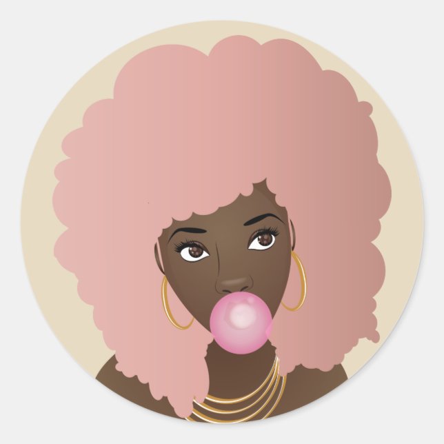 Black Woman, Pink Afro, Popping Pink Bubblegum Classic Round Sticker (Front)