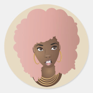 Black Woman, Pink Afro with Annoyed Expression Classic Round Sticker