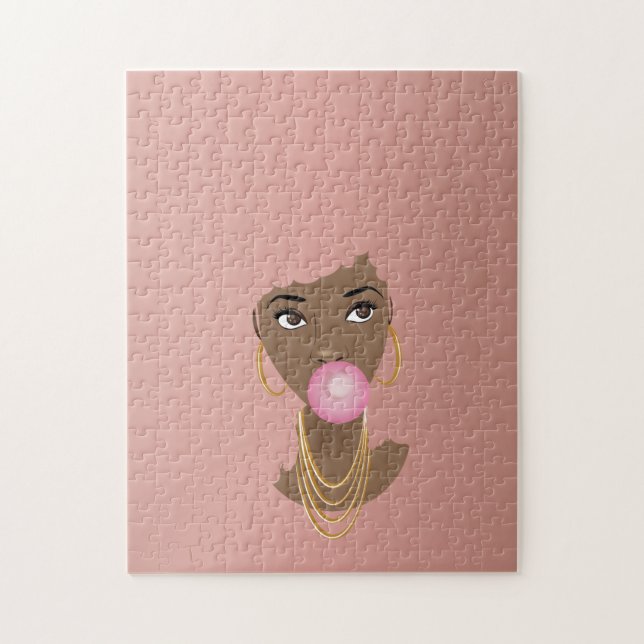 Black Woman, Pink Bubblegum, Blush Pink Jigsaw Puzzle (Vertical)