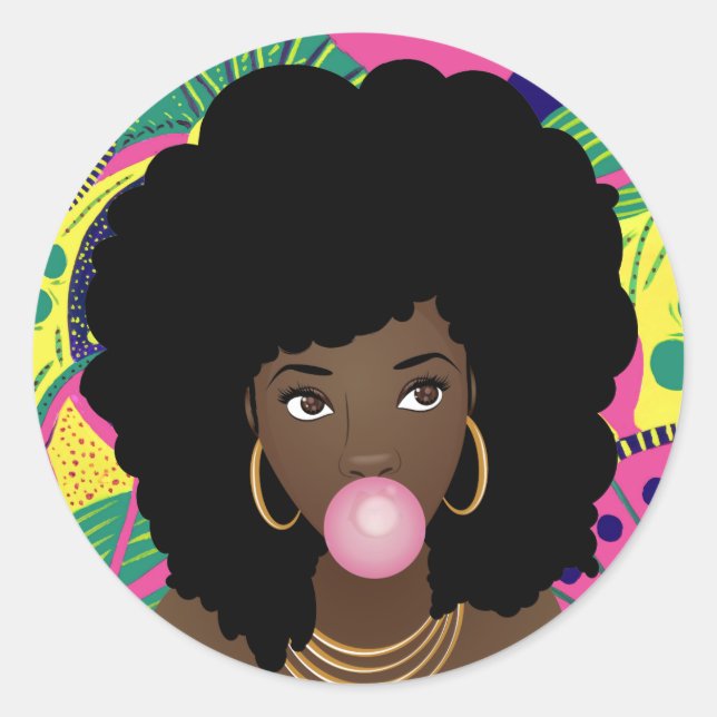 Black Woman, Pink Bubblegum, Colourful Classic Round Sticker (Front)