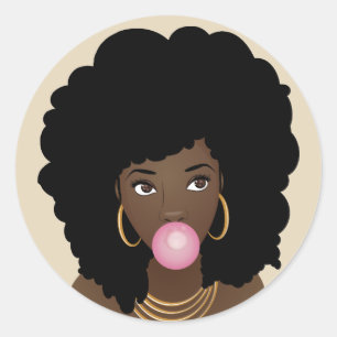 Black Woman, Pink Bubblegum, Natural Hair, Beige Classic Round Sticker