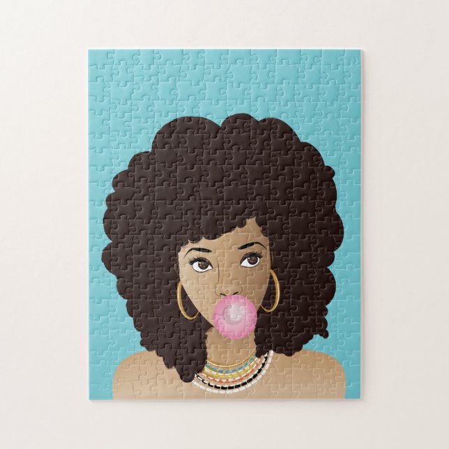 Black Woman, Pink Bubblegum, Natural Hair, Blue Jigsaw Puzzle (Vertical)