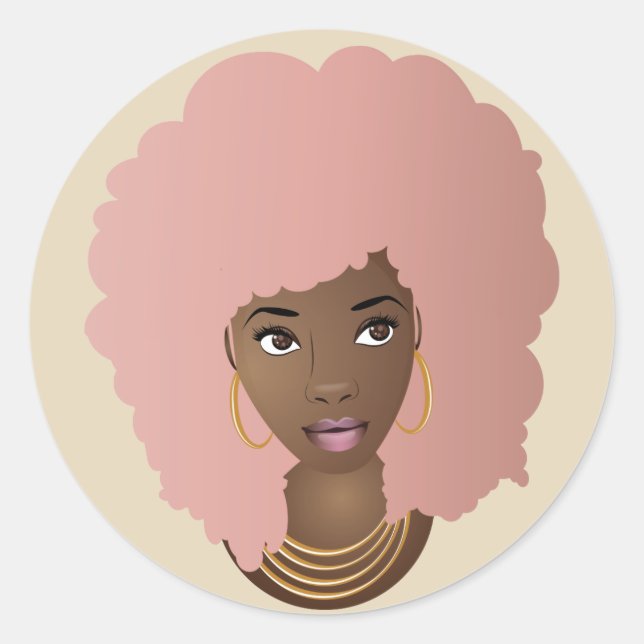 Black Woman, Pink Hair, Pink Lips Classic Round Sticker (Front)