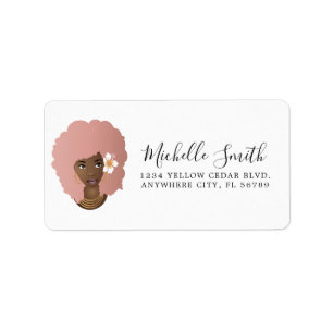 Black Woman, Pink Natural Hair Afro With Flower Label