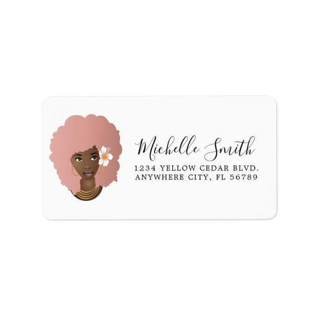 Black Woman, Pink Natural Hair Afro With Flower Label (Front)