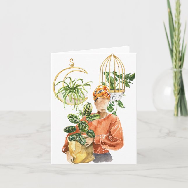 Black Woman Plant Lover Blank Card (Front)