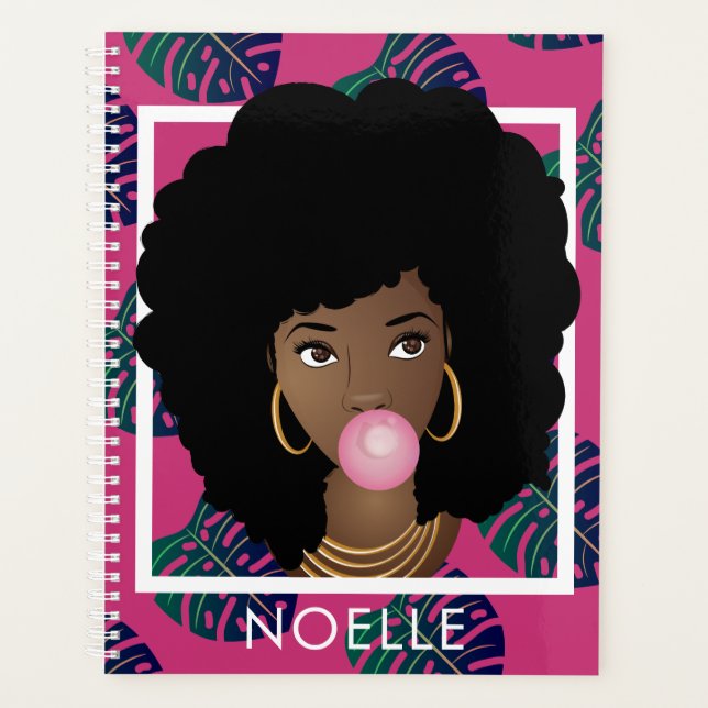 Black Woman, Popping Bubble Gum Leaf Pattern Pink Planner (Front)