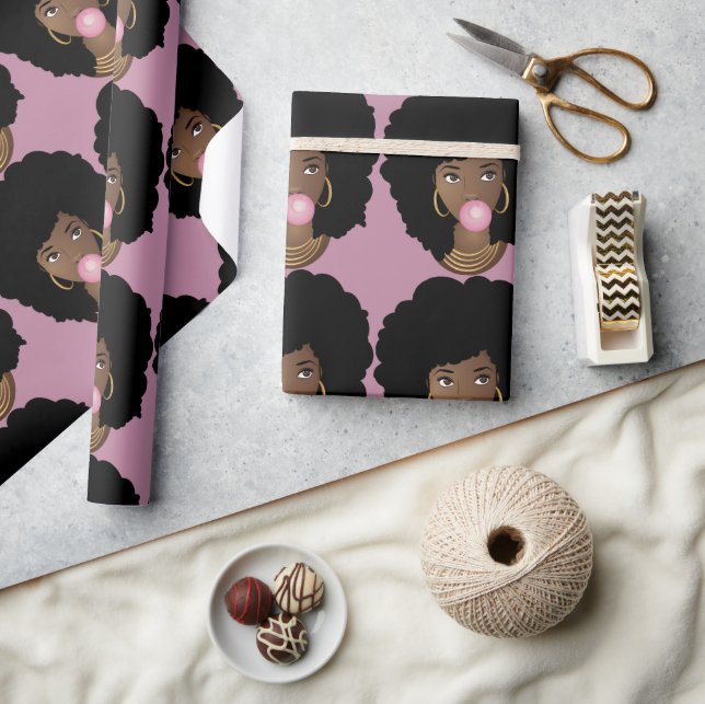Black Woman, Popping Pink Bubble Gum, Light Purple Wrapping Paper (Crafts)