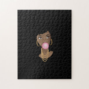 Black Woman, Popping Pink Bubblegum, Black Jigsaw Puzzle