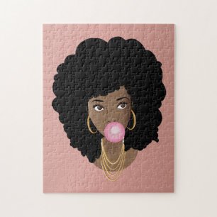 Black Woman Popping Pink Bubblegum, Pink Jigsaw Puzzle